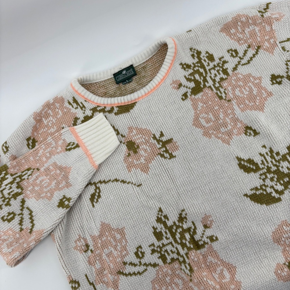 Cabin Creek Floral‎ Knit Sweater Womens Large Cream Pink Olive Green